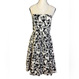Silk Fit & Flare Floral Dress Black/White Mesh Yoke Women’s Size Small Retro